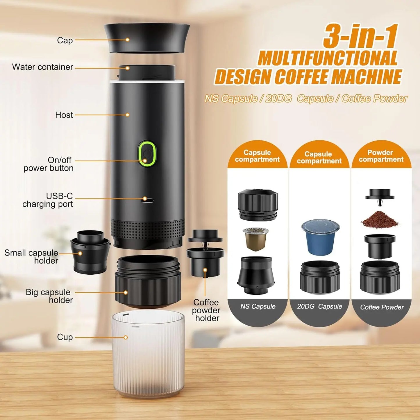 Portable Electric Espresso Maker Mini Travel Coffee Maker with USB-C 3-In-1 Car Coffee Maker Self-Heating for Ground Coffee & Capsules Ideal for Office Camping RV Stock up on Specials Stockpile VALUE Pack Tiktokshopblackfriday Christmas Gift