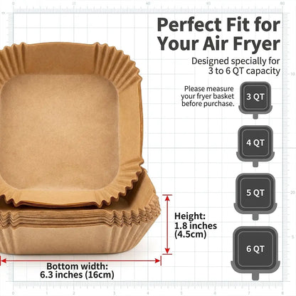 Air Fryer Disposable Paper Liners 100PCS - Food Grade, Oil-Proof, Water-Proof & Heat Resistant for 3-6QT Air Fryers, Microwave, Oven, Steamer, No More Messy Cleaning!
