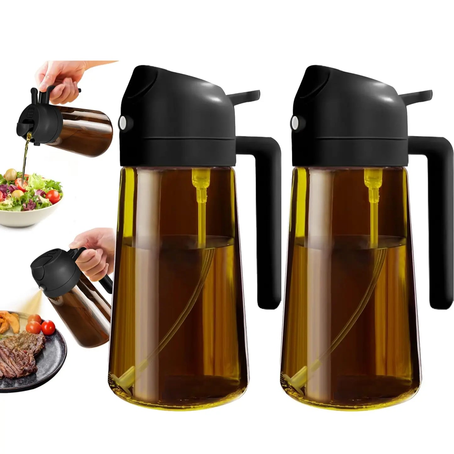 2 Count 2 in 1 Oil Sprayer for Cooking 16Oz/470Ml Light-Blocking Dark , Olive Oil Dispenser Bottle for Cooking, Grilling Organiser Tin Canister Kitchen Gadgets Kitchenware