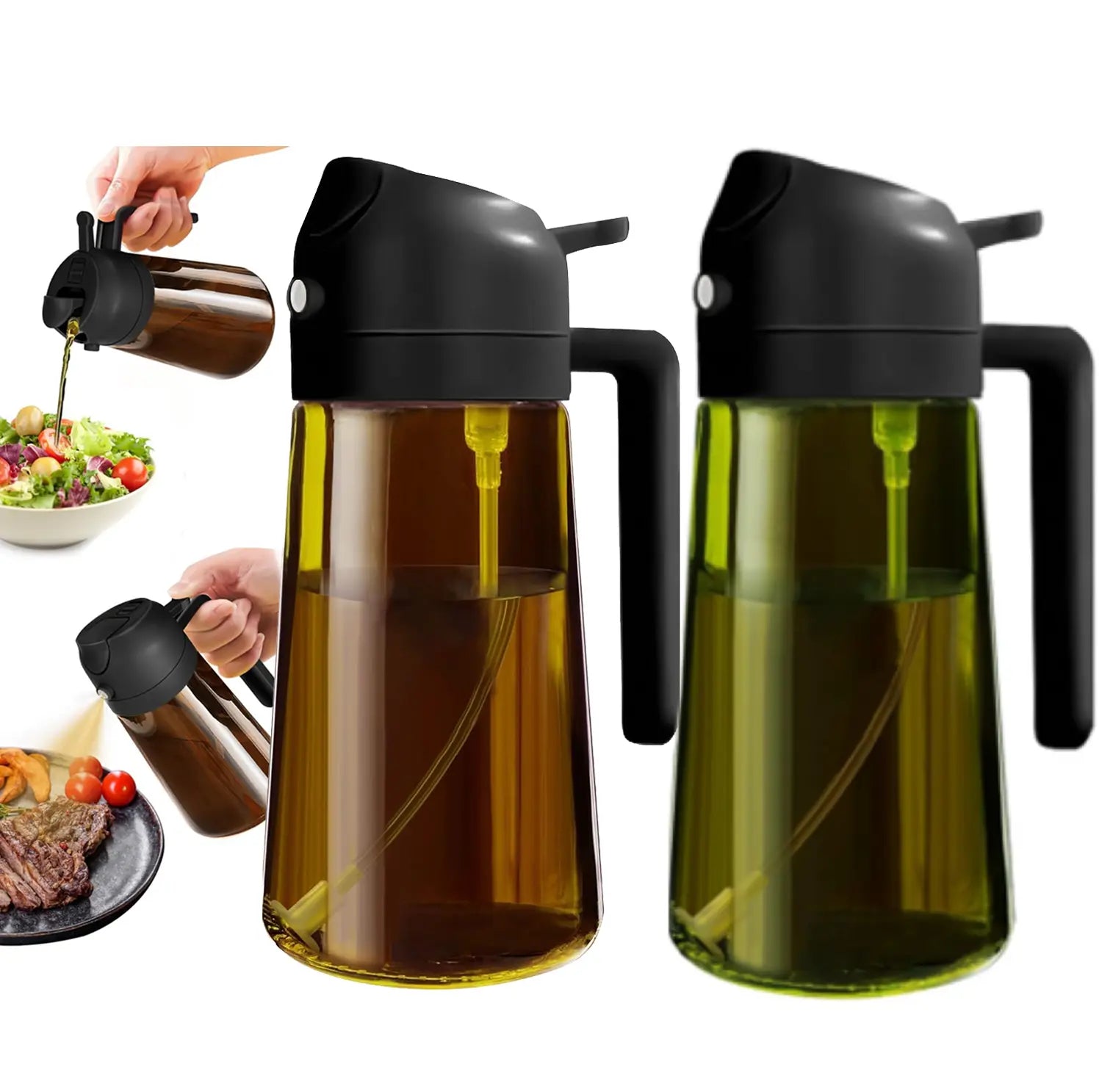 2 Count 2 in 1 Oil Sprayer for Cooking 16Oz/470Ml Light-Blocking Dark , Olive Oil Dispenser Bottle for Cooking, Grilling Organiser Tin Canister Kitchen Gadgets Kitchenware