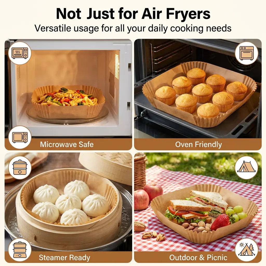 Air Fryer Disposable Paper Liners 100PCS - Food Grade, Oil-Proof, Water-Proof & Heat Resistant for 3-6QT Air Fryers, Microwave, Oven, Steamer, No More Messy Cleaning!