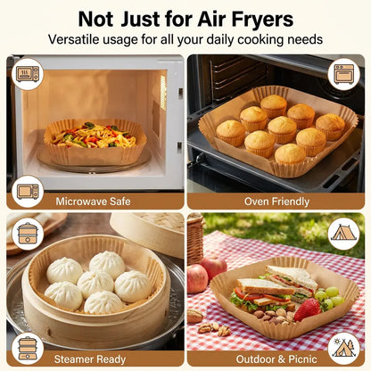 Air Fryer Disposable Paper Liners 100PCS - Food Grade, Oil-Proof, Water-Proof & Heat Resistant for 3-6QT Air Fryers, Microwave, Oven, Steamer, No More Messy Cleaning!