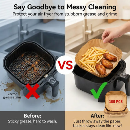 Air Fryer Disposable Paper Liners 100PCS - Food Grade, Oil-Proof, Water-Proof & Heat Resistant for 3-6QT Air Fryers, Microwave, Oven, Steamer, No More Messy Cleaning!