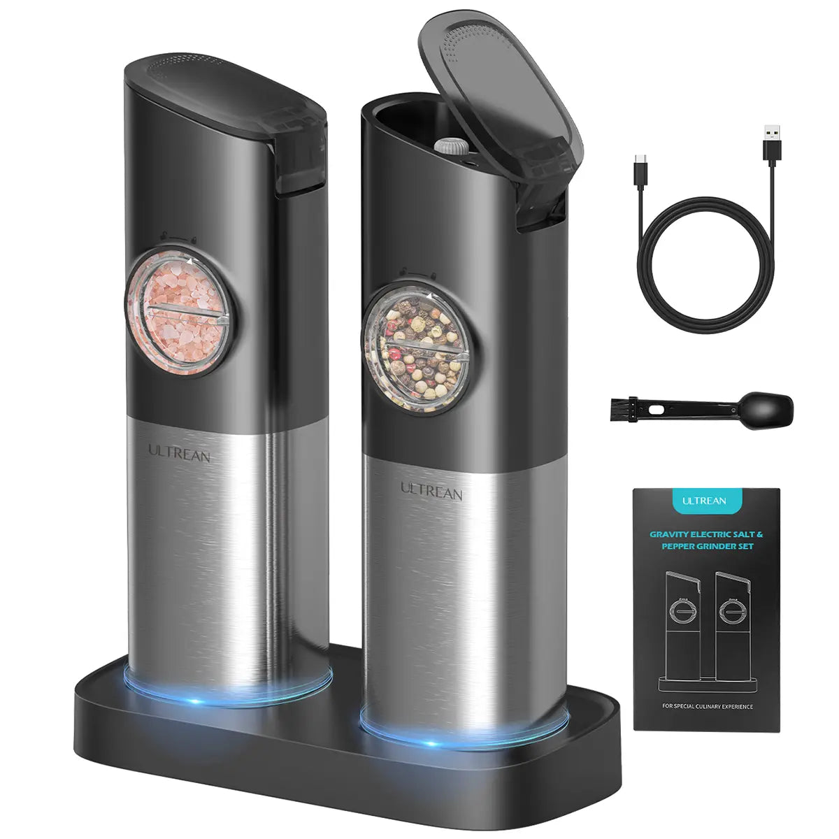 Electric Salt and Pepper Grinder Set Rechargeable Stainless Steel with USB C Dual Charging Base Large Capacity Adjustable Coarseness LED Light Perfect Kitchen Gift for Mom