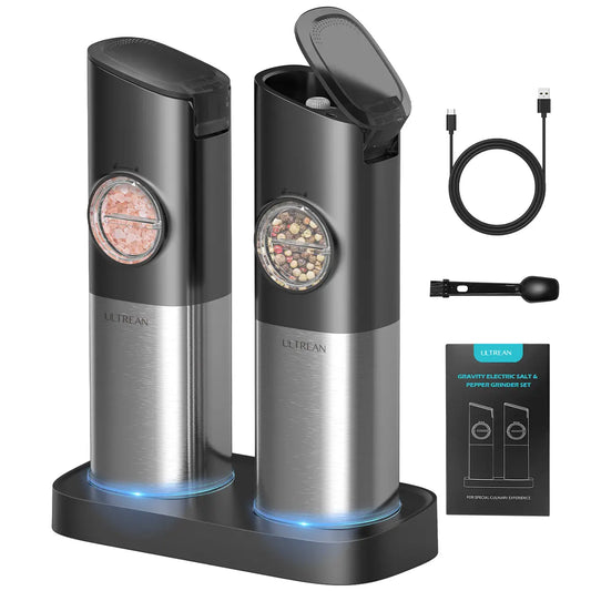 Electric Salt and Pepper Grinder Set Rechargeable Stainless Steel with USB C Dual Charging Base Large Capacity Adjustable Coarseness LED Light Perfect Kitchen Gift for Mom